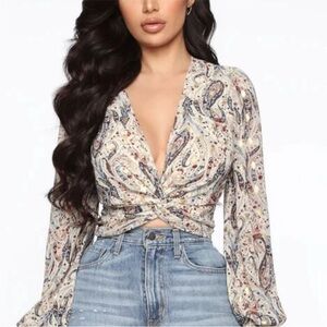 Fashion Nova Paisley Twist-Front Blouse in Cream, Navy & Brown